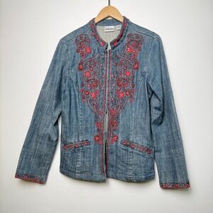 Chico's Beaded Embroidered Denim Jacket Blue Red Size 1 Medium Boho Jean Coat